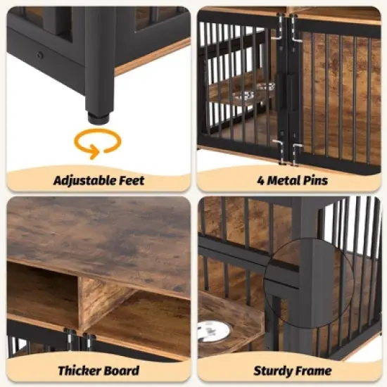 Dog Crate Furniture, Large Dog Cage for Large/Medium Dog, 48 Inch Dog Kennel with Adjustable Raised Feeders, Indoor Heavy Duty Metal Dog Crate image {5}
