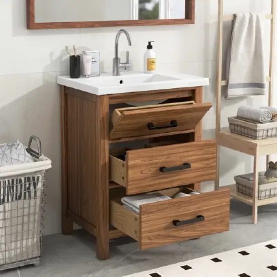 24" Bathroom Vanity with Ceramic Basin Sink and 3 Drawers, Natural - ModernLuxe image {1}
