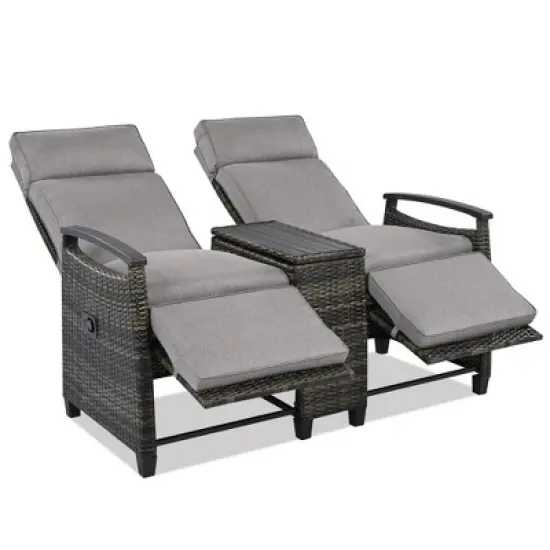 Whisen Patio Recliner Loveseat Chair, Adjustable Backrest Wicker Outdoor Lounge Chair Set with Acacia Wood Armrests and Built-in Storage Table image {8}