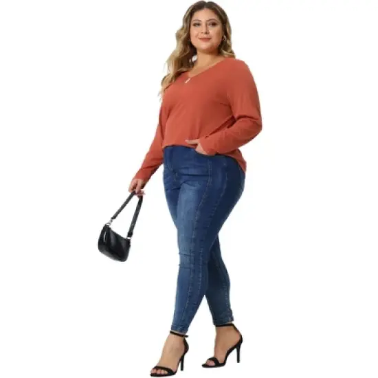 Agnes Orinda Women's Plus Size Long Sleeve V Neck Button Front Casual T-shirt image {2}