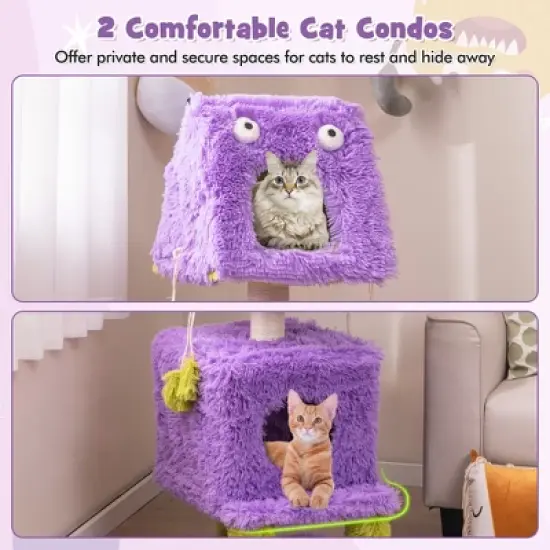 Tangkula Cat Tree Cute Monster-Themed Cat Tower w/ 2 Private Condos & Soft Long Plush image {5}