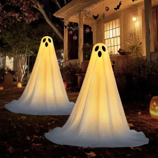 Joyfy 2 Pack 47'' Halloween Standing Ghost Outdoor Decoration,  White Ghost with Warm String Light Haunted House Prop for Garden Yard Porch Lawn Decor image {7}