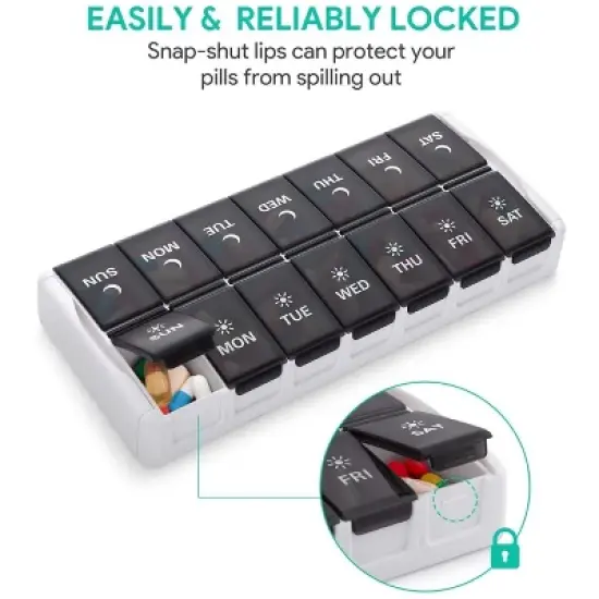 TookMag Weekly Medicine Pill Organizer Twice a Day, Easy Fill AM/PM Pill Box, Quick-Refill 7 Day Pill Cases for Vitamin,Fish Oil, Supplements, Black image {3}