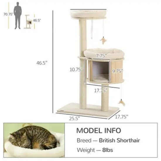 Chery Life 3-Level Cat Tree with Sisal Scratching Posts, Fun Cat Badminton Toy for Playing, Soft Cushions, & Play Areas image {2}