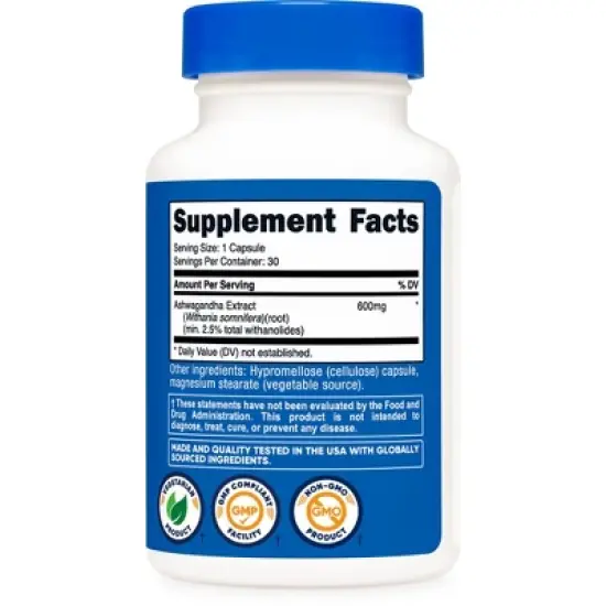 Nutricost Ashwagandha Root Extract Herbal Supplement 600mg, 30 Capsules - Vegetarian, GMO-Free, Gluten Free image {4}