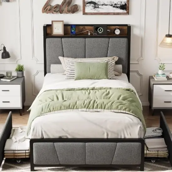 Garvee Upholstered Bed Frame with 2 Storage Drawers, Power Outlet, Queen Bed Platform with Storage Headboard, Noise Free, No Box Spring Needed image {5}