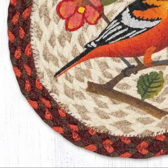 Earth Rugs Hand Stenciled Oriole Bird Jute Trivet Round 10 Inch Rustic Table Protector image {1}