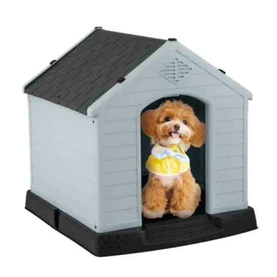 Costway Enduring Waterproof Plastic Dog House w/Sloping Roofs Indoor Outdoor Dog House Gray image {10}