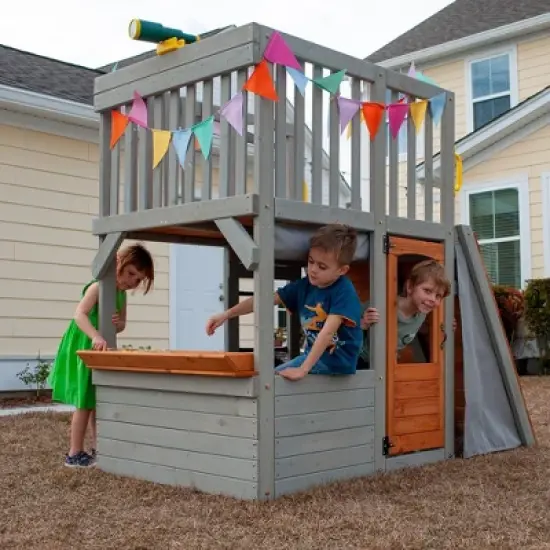 Funphix Lookout Post Outdoor Wooden Playhouse, Buildable Kids Backyard Playset with Climbing Ramp image {6}