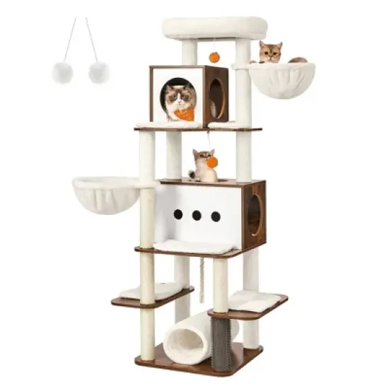 Feandrea Cat Tree, 64.5-Inch Tall Cat Tower for Large Indoor Cats, Multi-Level Cat Condo with 2 Caves, 2 Hammocks, 4 Scratching Posts,  Rustic Brown image {7}
