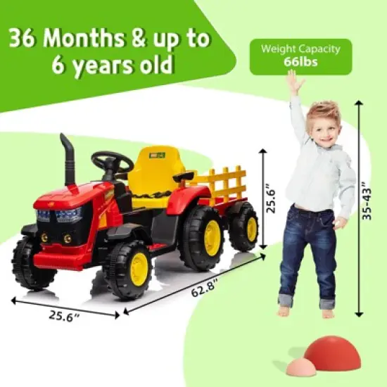 12V Kids Ride-On Tractor with Remote Control, Battery Powered Tractor Car Toy with Detachable Trailer, Music, Perfect for Boys & Girls, Red image {1}