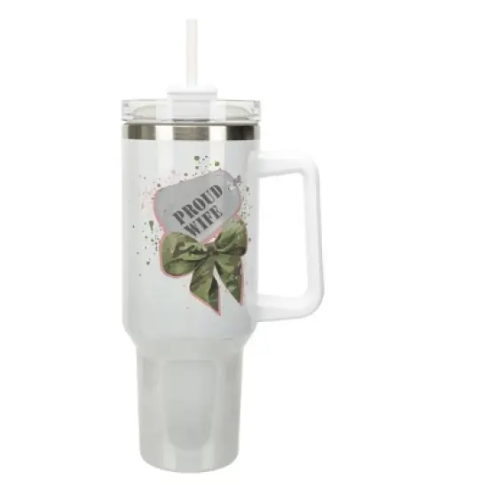 Elanze Designs Proud Wife Military Dog Tags & Camo Bow Coquette 40 Oz. Stainless Steel Water Bottle Coffee Mug, Spill & Leak Resistant, Travel Tumbler image {1}