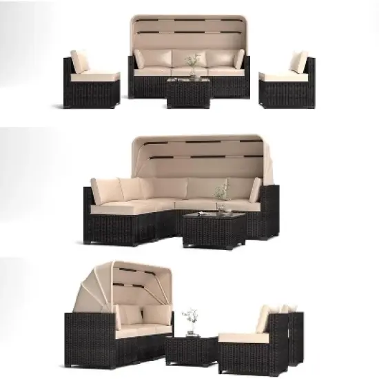 6 Pieces Patio Sectional Sofa Set, PE Rattan Daybed, Outdoor Wicker Sunbed Chaise Chair, Adjustable Backrest, for Poolside, Backyard image {7}