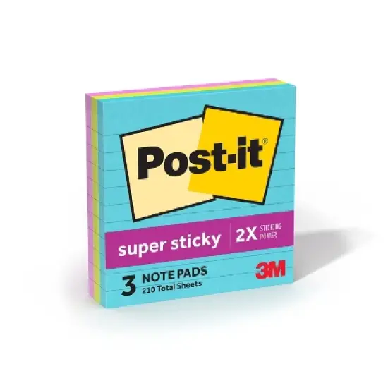 Post-it 3pk 4" x 4" Lined Super Sticky Notes 70 Sheets/Pad - Miami Collection: Multicolor Paper Basics, College Rule image {1}