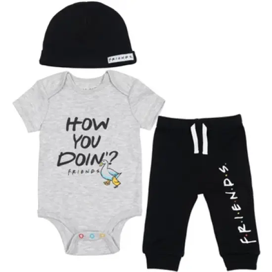 FRIENDS 3 Piece Outfit Set: Bodysuit Pants Hat Grey / Black  image {7}