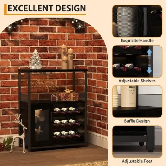 3-Tier Industrial Wine Bar Cabinet with Detachable Wine Rack, Drawer, Glass Holder & Mesh Doors Durable Sideboard and Buffet Storage, Brown image {2}