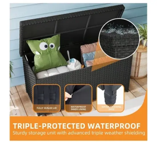 260 Gallon Outdoor Storage Deck Box Heavy Duty Patio Rattan Weather & Waterproof Black image {1}