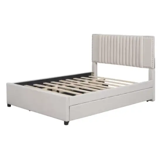 Queen/Full Size Wooden Upholstered Platform Bed Frame with 2 Drawers and 1 Twin/Twin XL Trundle Beige/Gray, 4L -ModernLuxe image {6}