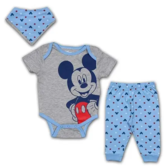 Disney Boy's 3-Pack Mickey Mouse Short Sleeve Baby Bodysuit Creeper, Jogger Pants and Bandana Bib Set for infant image {5}