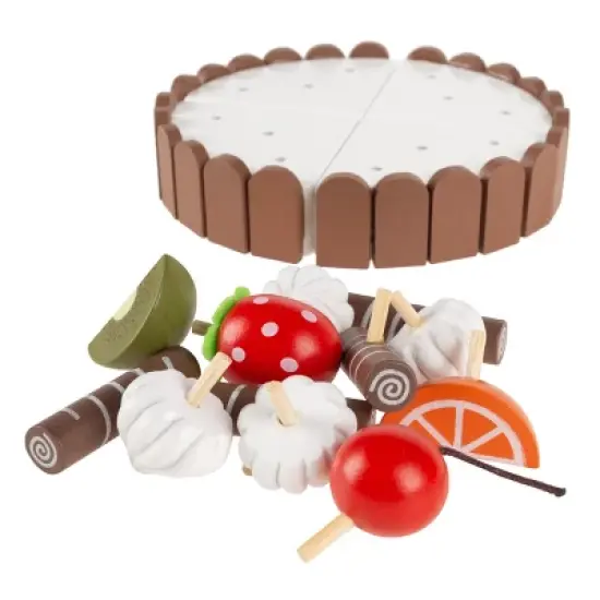 Birthday Cake-Kids Wooden Magnetic Dessert with Cutting Knife, Fruit Toppings, Chocolate and Vanilla Swirls-Fun Pretend Play Party Food by Toy Time image {6}