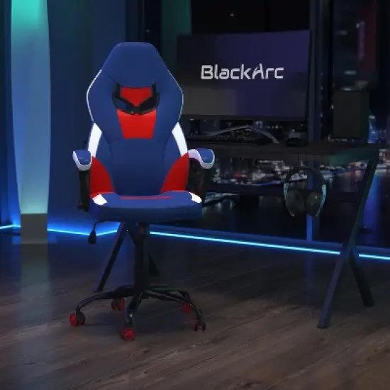 BlackArc High Back Gaming Chair with Red and Blue Faux Leather Upholstery, Adjustable Swivel Seat and Padded Flip-Up Arms image {1}