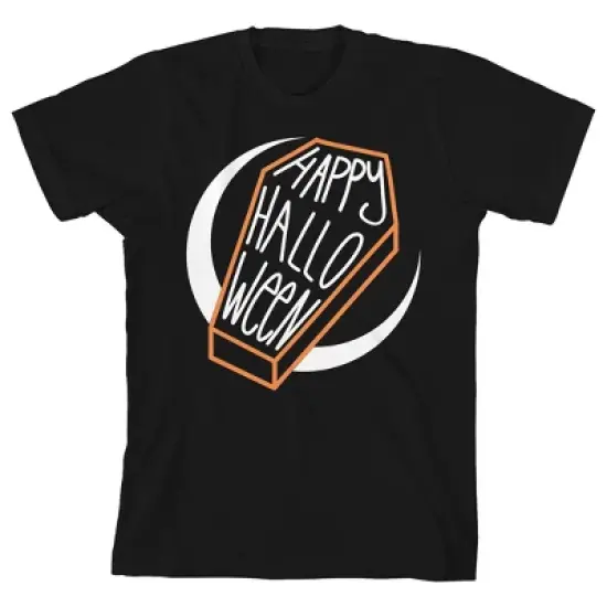 Kids Halloween Coffin on Crescent Moon Youth Black Short Sleeve Crew Neck Tee image {3}