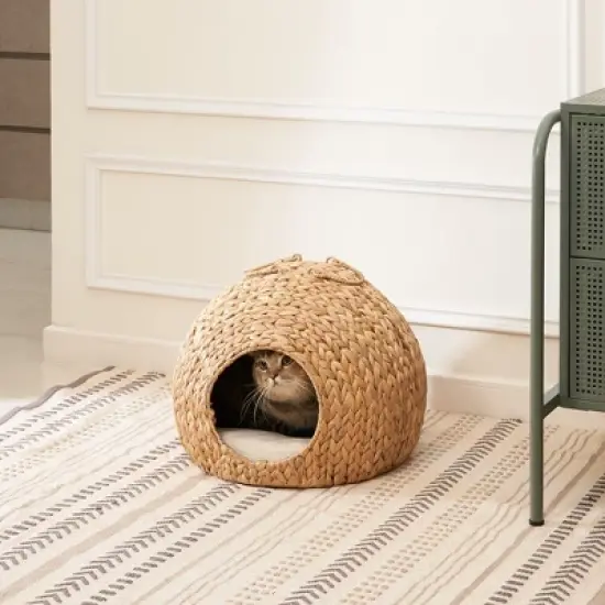 18" x 18" x 18" Gertrude Water Hyacinth Woven Wicker Round Cat Bed Cave with Handles for Any Size Cat Breeds, Chihuahua and Use with Cat Tower image {7}