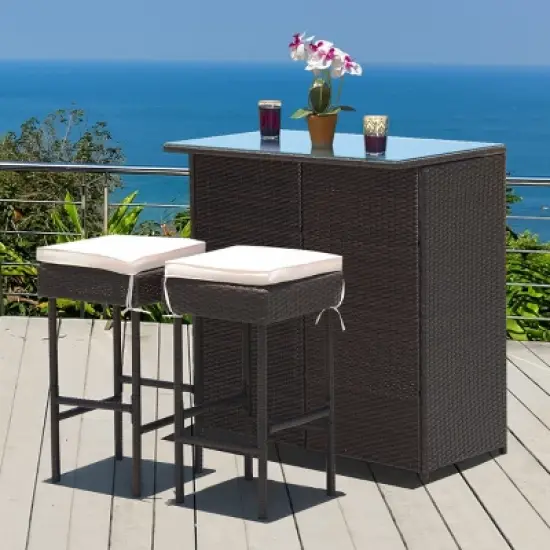 Costway 3PCS Patio Rattan Wicker Bar Table Stools Dining Set Cushioned Chairs Garden image {3}
