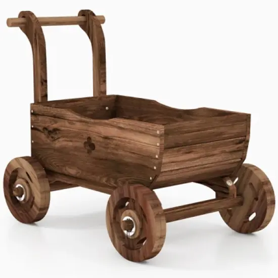 Tangkula Wooden Wagon Planter Box Decorative Garden Planter w/ Wheels Handle Drain Hole Rustic Wooden Flower Planter image {9}