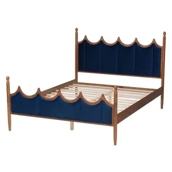 Baxton Studio Queen Calgary Velvet Fabric and Wood Platform Bed Royal Blue/Walnut Brown image {3}