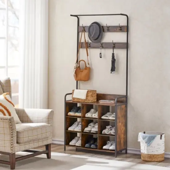3 in 1 Entryway Coat Rack and Storage Organizer with Shoe Rack 7 Hooks and Hanging Rod Perfect for Hallway or Entryway image {3}