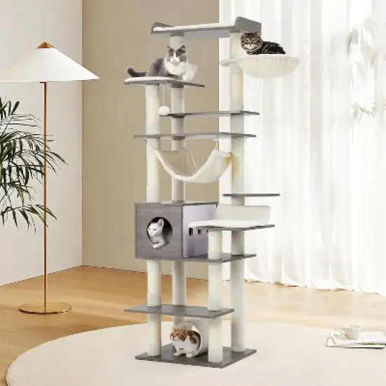 Cat Tree for Large Cats, Features Scratching Post, Cat Condo, Platforms, Tunnel, Hammock, Food Station & Bowls image {4}