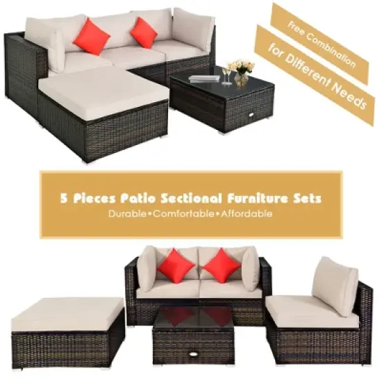 Tangkula 5PCS Rattan Sectional Sofa Set Patio Furniture Set w/ Beige Cushion Pillow image {4}