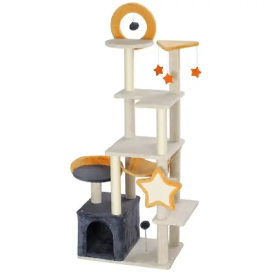 PawHut Cat Tree, 63 Inch Moon and Star Themed Cat Tower with Scratching Post, Hammock, Condo, Bed, Scratching Board & Cat Toys, Beige image {3}