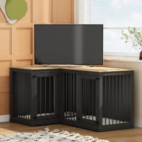 FUFU&GAGA Corner Double Dog Cage Furniture with Divider for Living Room image {5}