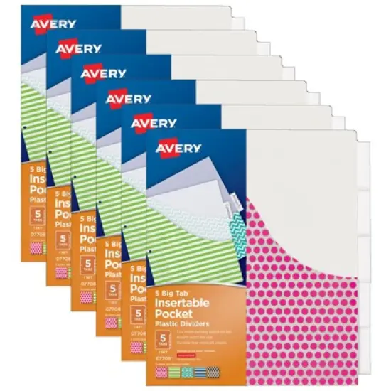 Avery&reg; Big Tab&trade; Insertable Plastic Dividers with Pockets, 5-Tab Set, Assorted Designs, 6 Sets image {3}
