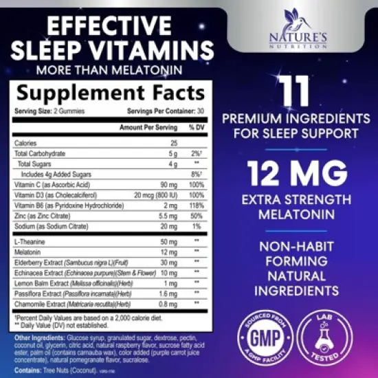 Sleep Gummies - 12mg Melatonin Natural Sleep Vitamin Supplement Formula with L-theanine, Chamomile, & Lemon Balm - Extra Strength Sleep - 60 Gummies image {1}
