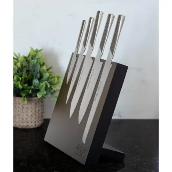 Global Bitoku Ukon Essentials 6 Piece Knife Set with Magnetic Block, Rubberwood image {3}