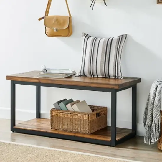 Claremont Rustic Wood Bench with Low Shelf Dark Brown - Alaterre Furniture image {1}