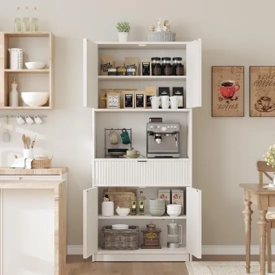 70" Fluted Pantry Cabinet - Storage w/ Countertop, Doors & Drawer for Kitchen & Dining Room image {2}