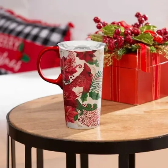 6.75 In Cardinal Travel Mug Christmas Poinsettia Tumblers image {1}