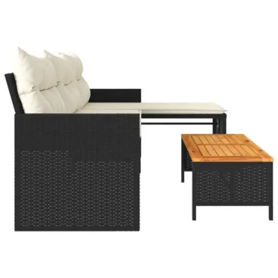vidaXL L-Shaped Patio Sofa Set - Black Poly Rattan Outdoor Furniture with Acacia Wood Table and Cream White Cushions image {5}
