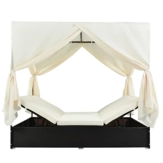 Outdoor Patio Rattan Canopy Daybed Sunbed with Curtain and Adjustable Seat image {4}