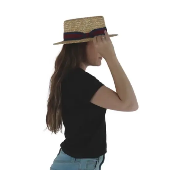 CTM Straw 2 Inch Brim Boater Hat with Navy Band and Elastic Sweatband image {4}