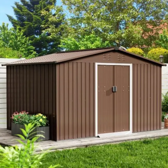 Acekool 10x10 FT Metal Outdoor Storage Shed, Large Garden Tool Shed with Lockable Sliding Door, Vents, Sloped Roof, Waterproof for Backyard, Gray image {7}