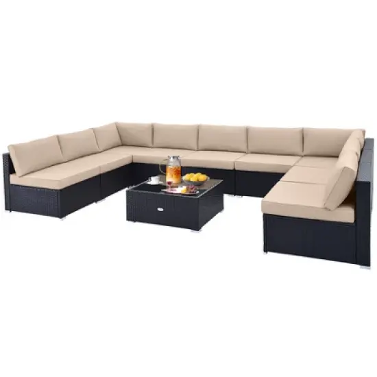 Tangkula 10PCS Rattan Furniture Set Outdoor Wicker Sofa Table Cushioned Seat Patio image {6}