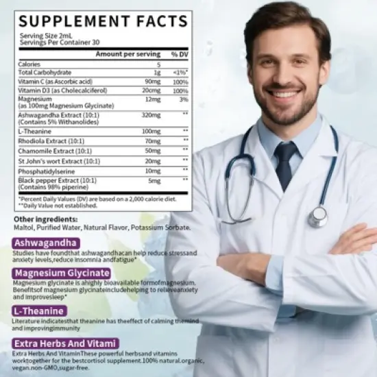 Mulittea Cortisol Liquid Drops Supplements for Women Men, Cortisol Detox Manager, Balance Mood, Focus, Sleep Support - 2 Fl.oz, Blueberry image {6}