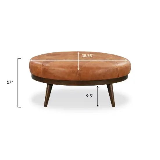 Poly & Bark Gio Italian Leather Ottoman Cognac Tan: Upholstered Padded Seat, Wood Frame, Oval Shape, 17" Height image {12}