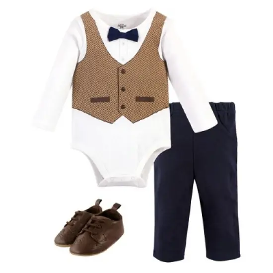 Little Treasure Baby Boy Cotton Bodysuit, Pant and Shoe 3pc Set, Herringbone Vest image {2}