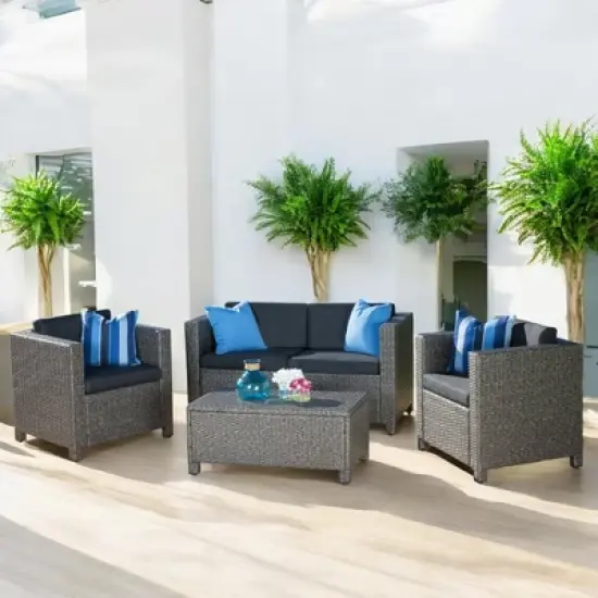 4-Piece Outdoor Sofa Set with Cushions, PE Wicker Rattan Seating Group with Loveseat, Club Chairs, and Coffee Table for Backyard, Patio, or Garden image {9}